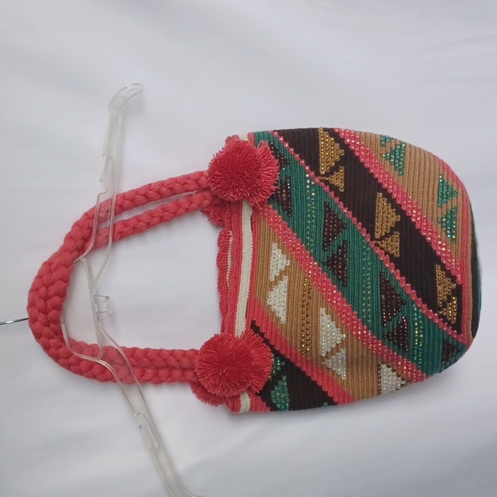 Wayuu Tribe Style Handmade Pink and Green Chevron Shoulder Bag, 13x11x8